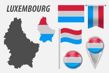 LUXEMBOURG. Collection of symbols in colors national flag on various objects isolated on white background. Flag, pointer, button, waving and hanging flag, detailed outline map and country inside flag