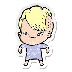 distressed sticker of a cute cartoon girl with hipster haircut