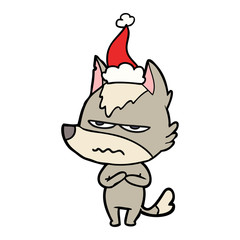 line drawing of a annoyed wolf wearing santa hat