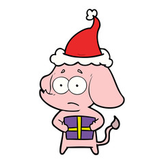 line drawing of a unsure elephant with christmas present wearing santa hat