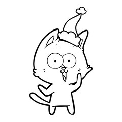funny line drawing of a cat wearing santa hat