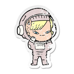 distressed sticker of a cartoon astronaut woman