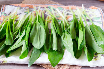 Wild garlic on a wooden board