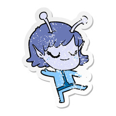 distressed sticker of a smiling alien girl cartoon