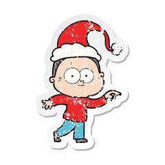 distressed sticker cartoon of a happy old woman wearing santa hat