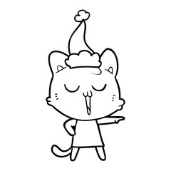 line drawing of a cat singing wearing santa hat