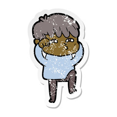 distressed sticker of a cartoon curious man