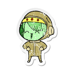 distressed sticker of a happy cartoon space girl