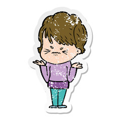 distressed sticker of a cartoon frustrated woman