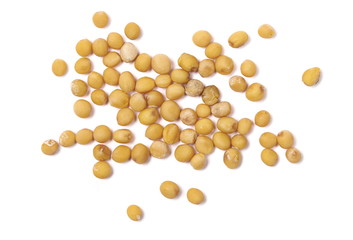 Yellow mustard seeds macro isolated on white, top view