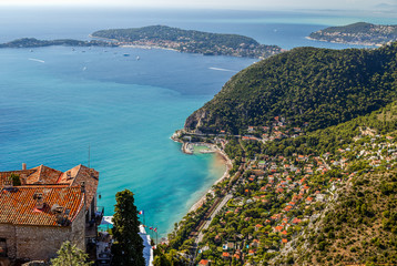 Naklejka premium Aerial panoramic view of French Riviera, coastline with crystal clear blue water from Eze village near Nice Cote d'azur, France. Holidays in France.