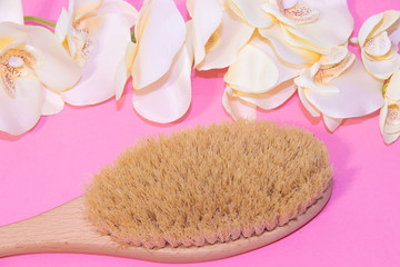 Brush for dry massage. New cosmetology. Getting rid of cellulite and stretch marks. Proper skin care. Spa treatments.