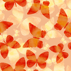 Vector seamless pattern of flying butterflies wiith vector watercolor texture. Abstract background with watercolour butterflies. Eps10 Vector