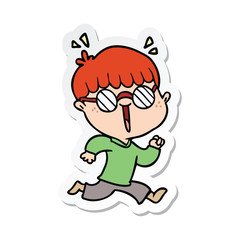sticker of a cartoon running boy wearing spectacles