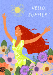 Running joyful redhead girl on the background of doodle flowers . Cute vector illustration.