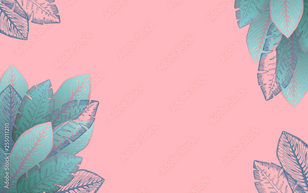 Wall mural Horizontal pastel pink background with aquamarine and teal tropical leaves. Summer blue exotic leaf frame for birthday greeting cards, banner design, wedding decoration