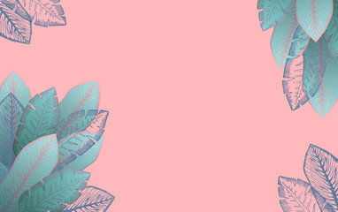 Horizontal pastel pink background with aquamarine and teal tropical leaves. Summer blue exotic leaf frame for birthday greeting cards, banner design, wedding decoration
