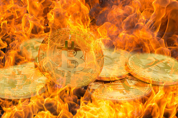 Golden bitcoin coins on fire