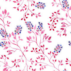 Pink branch plant with flowers, watercolor painting - seamless pattern on white background