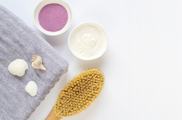 Fototapeta na wymiar Lavender Organic Scrub, Cream, Oil, Body Skin Care, SPA Aroma Concept