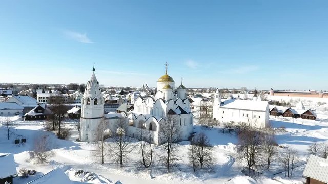 Russian winter in Suzdal. Panoramic view of Suzdal from the drone.