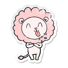distressed sticker of a happy cartoon lion