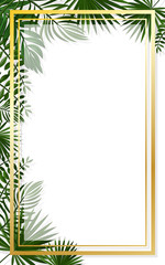 Vertical golden frames on the background of tropical greenery.Summer exotic leaf frame for birthday greeting cards, banner design, wedding decoration.Eps10 Vector