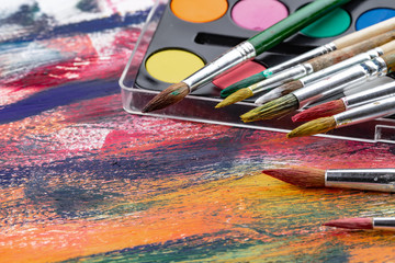 Fototapeta premium Paint brushes and paints for drawing.
