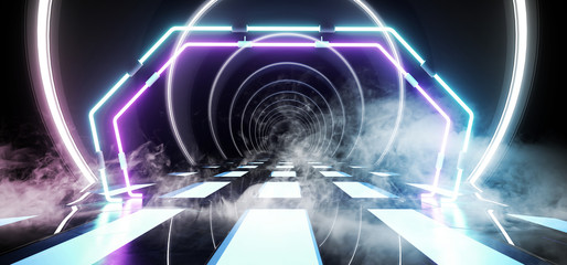 Smoke Fluorescent Laser Led Neon Retro Glowing Purple Blue Ultraviolet Lights In Dark Empty Alien Spaceship Sci Fi Tunnel Corridor Circle Shaped Triangle Lines 3D Rendering
