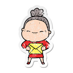distressed sticker of a cartoon peaceful old woman