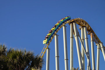 Rollercoaster dropping down at amusement park