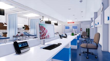 Close-up of empty nurses station with computer screen and communications equipment in emergency room of modern hospital. With no people 3D illustration on health care theme from my 3D rendering file.