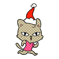 comic book style illustration of a cat out for a run wearing santa hat