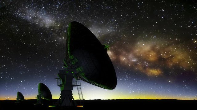 Radio Telescope Time Lapse with Milky Way at Sunrise - 3D Animation.