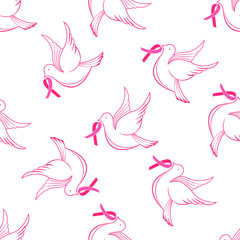 National Breast Cancer Awareness Month background. Flying pigeon with pink ribbon seamless pattern.
