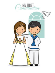 First communion card. Boy and girl dressed in communion