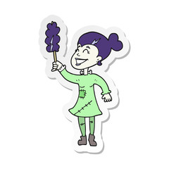sticker of a cartoon undead monster lady cleaning
