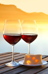 Wine and cheese on the terrace of vineyard in Lavaux region, Swi