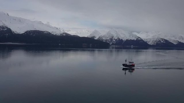 Commercial halibut fishing boat traveling Resurrection bay and the port and harbor of Seward Alaska 