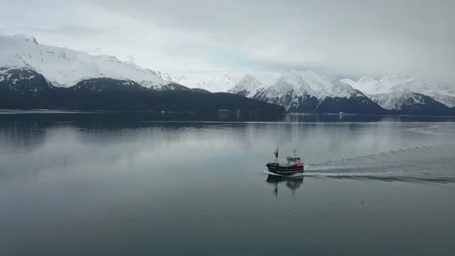 Commercial halibut fishing boat traveling Resurrection bay and the port and harbor of Seward Alaska 