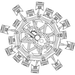 Disassembled radial engine on a white