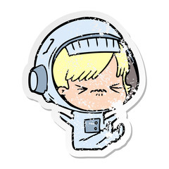 distressed sticker of a cartoon space girl throwing a tantrum