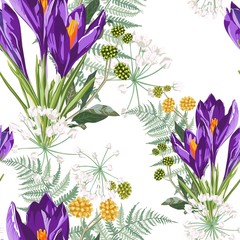 Seamless floral violet crocus flowers and fern pattern on a white background. Spring flowers and herb. Botanical illustration.  Colorful.