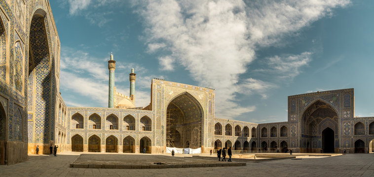 Panoramic view of Shah Abbas Mosque, unesco heritage site, inside courtyard with iwans, Esfahan, Iran
