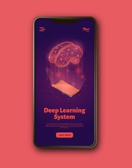 Deep learning system landing web page template on smartphone screen.