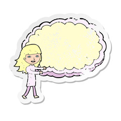 retro distressed sticker of a cartoon girl with cloud text space