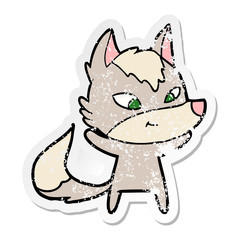 distressed sticker of a friendly cartoon wolf