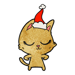 calm textured cartoon of a cat wearing santa hat