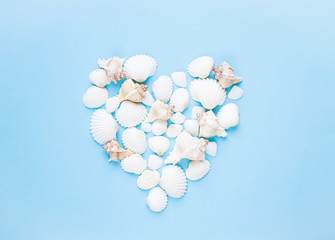 Composition of exotic sea shells on a blue background. Summer concept. Flat Lay. Top View