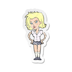 retro distressed sticker of a cartoon woman with hands on hips